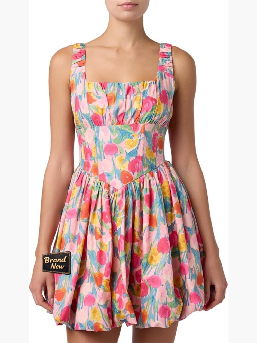 Bubble Hem Mini Dress Ruched Basque Waist Sleeveless Floral Party